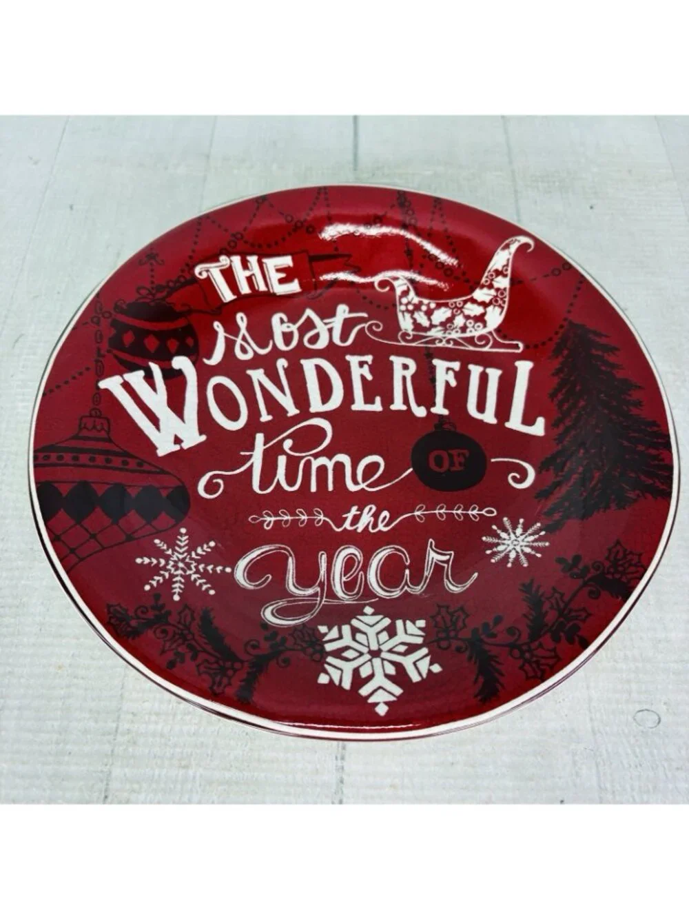222 Fifth CHRISTMAS TUNES  Red White Words Porcelain 9